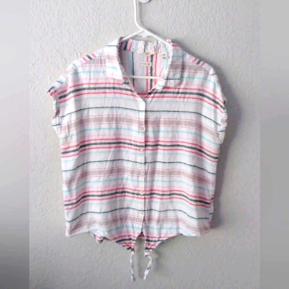 Weatherproof Vintage Linen Womens Blouse Large Top Nautical Shirt Crop